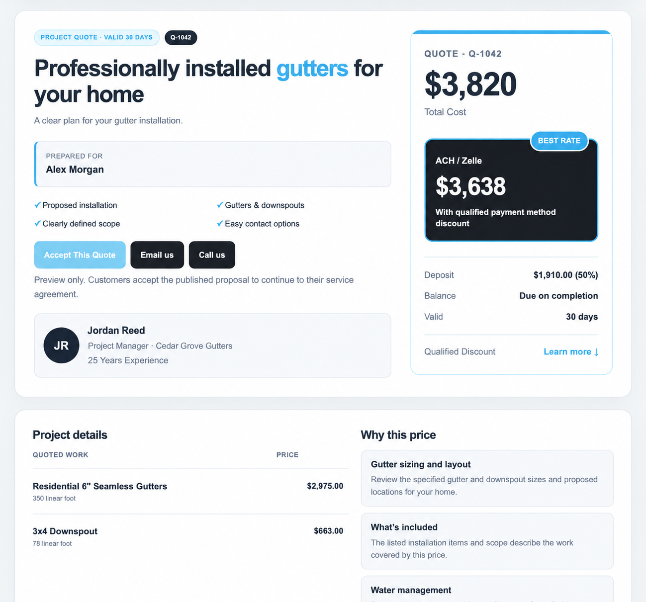 Quote Builder customer proposal: professionally installed gutters, customer information, pricing and acceptance options. Identifying details replaced with fictional examples.